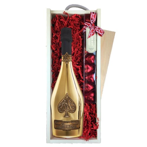 Armand de Brignac Brut Gold 75cl & Chocolate Praline Hearts, Wooden Box